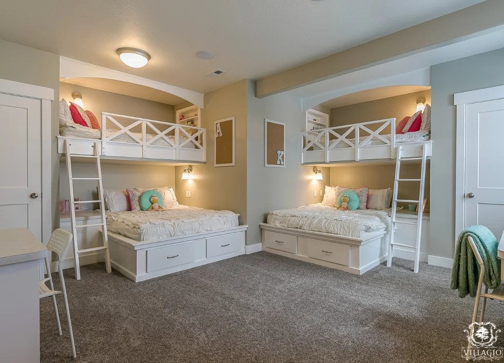 Children's bedroom with custom homemade bunk beds and built-in storage drawers